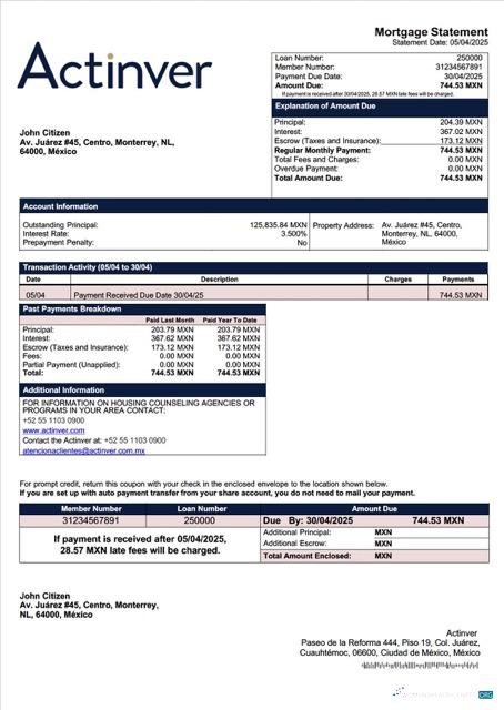 Download Mexico Actinver mortgage statement Word and PDF template Photoshop template
